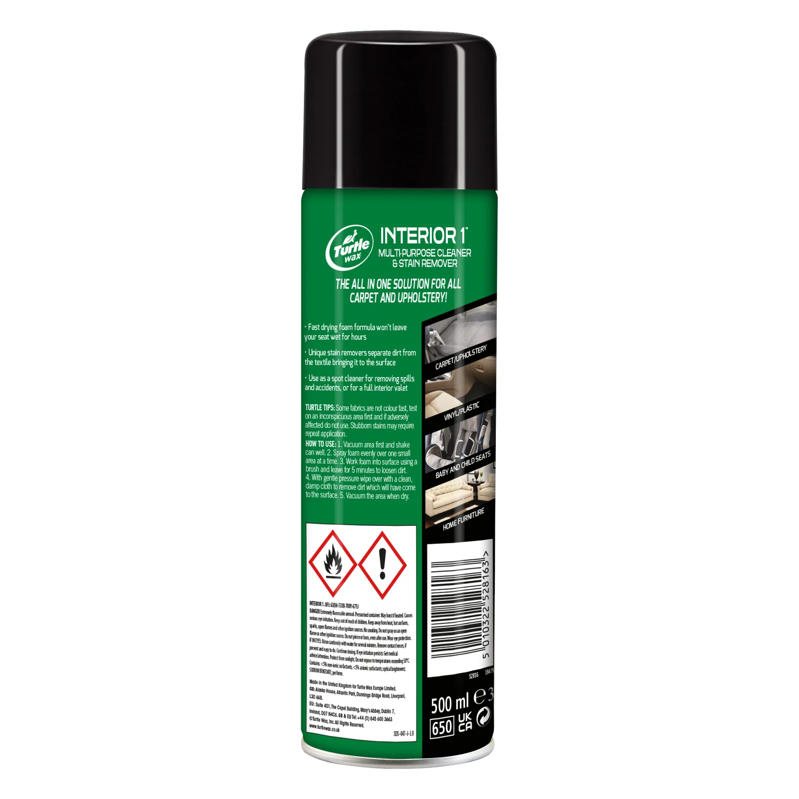 Сухая химчистка текстиля Turtle Wax Interior 1 Multi-Purpose Cleaner с нейтрализатором запахов 500мл (52998) 3 Сухая химчистка текстиля Turtle Wax Interior 1 Multi-Purpose Cleaner с нейтрализатором запахов 500мл (52998) — изображение 2